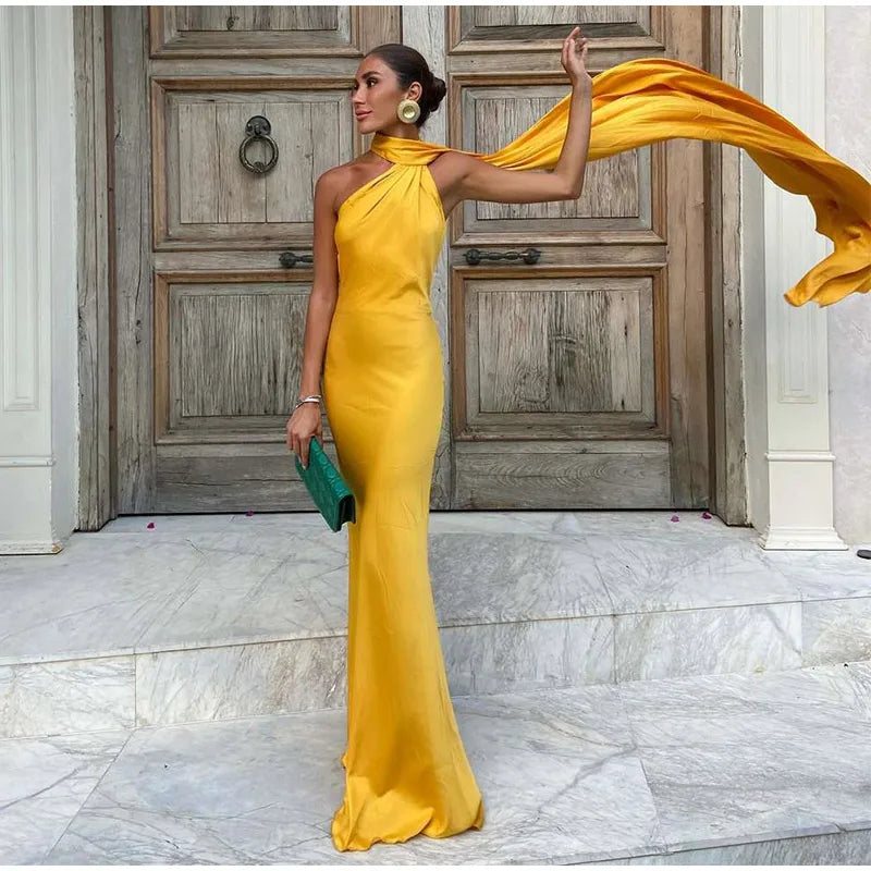 Elegant Solid Ribbon Women Halter Dress Off Shoulder Sleeveless Backless Slim Female Maxi Dresses 2025 Summer New Chic Lady Robe - BLOOM CART