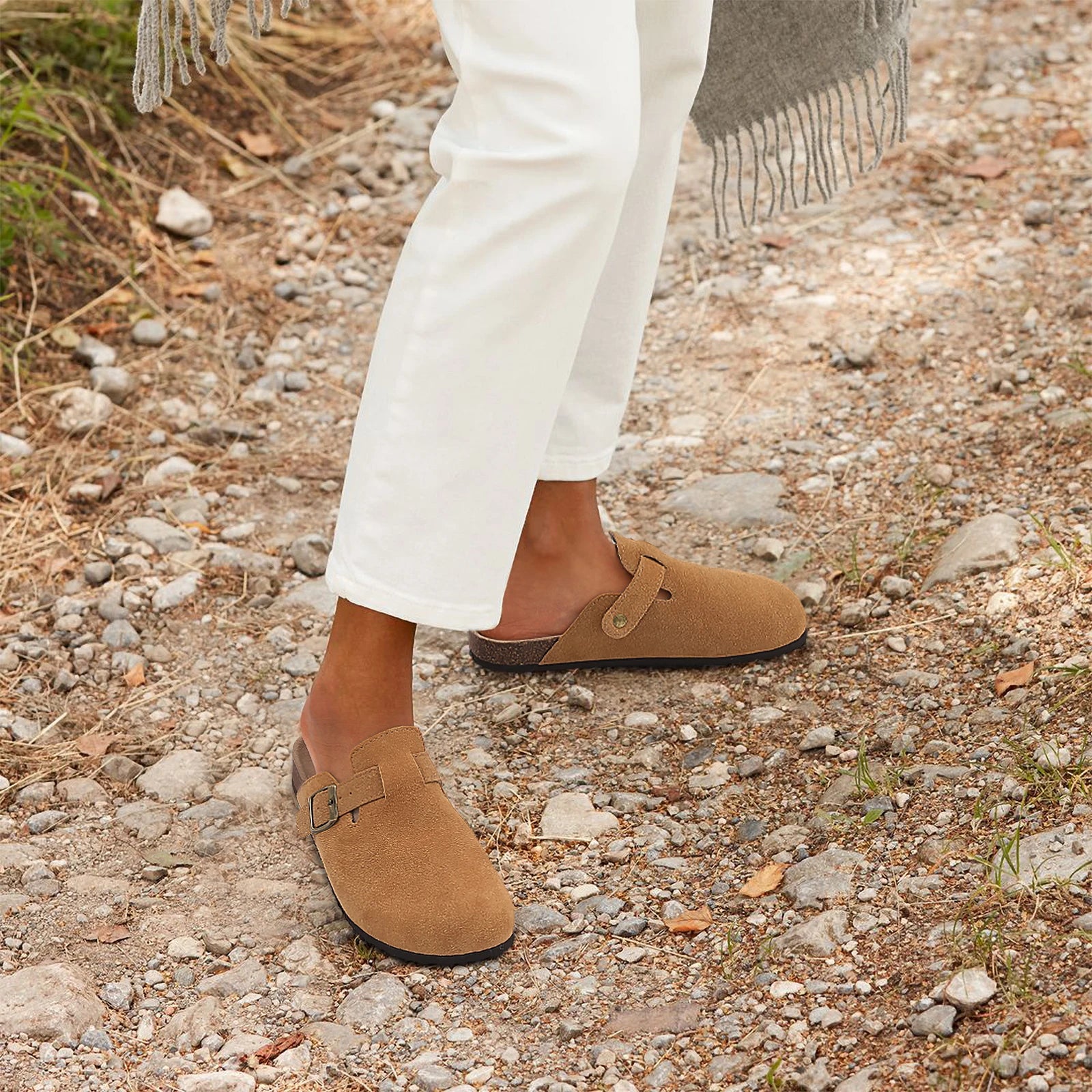 Comwarm Fashion Women's Suede Mules Slippers Men Clogs Cork Insole Sandals With Arch Support Outdoor Beach Slides Home Shoes - BLOOM CART