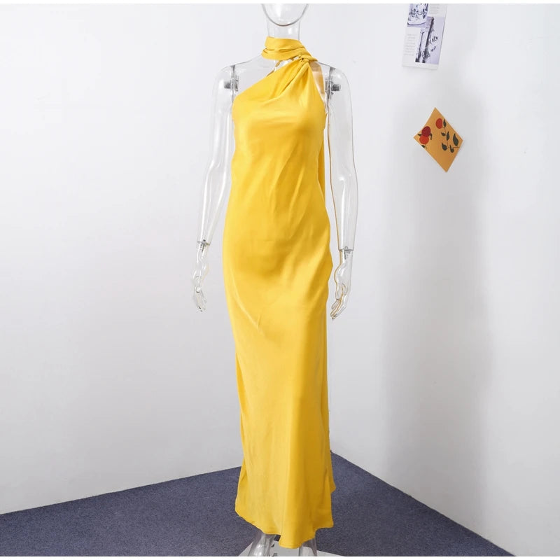 Elegant Solid Ribbon Women Halter Dress Off Shoulder Sleeveless Backless Slim Female Maxi Dresses 2025 Summer New Chic Lady Robe - BLOOM CART