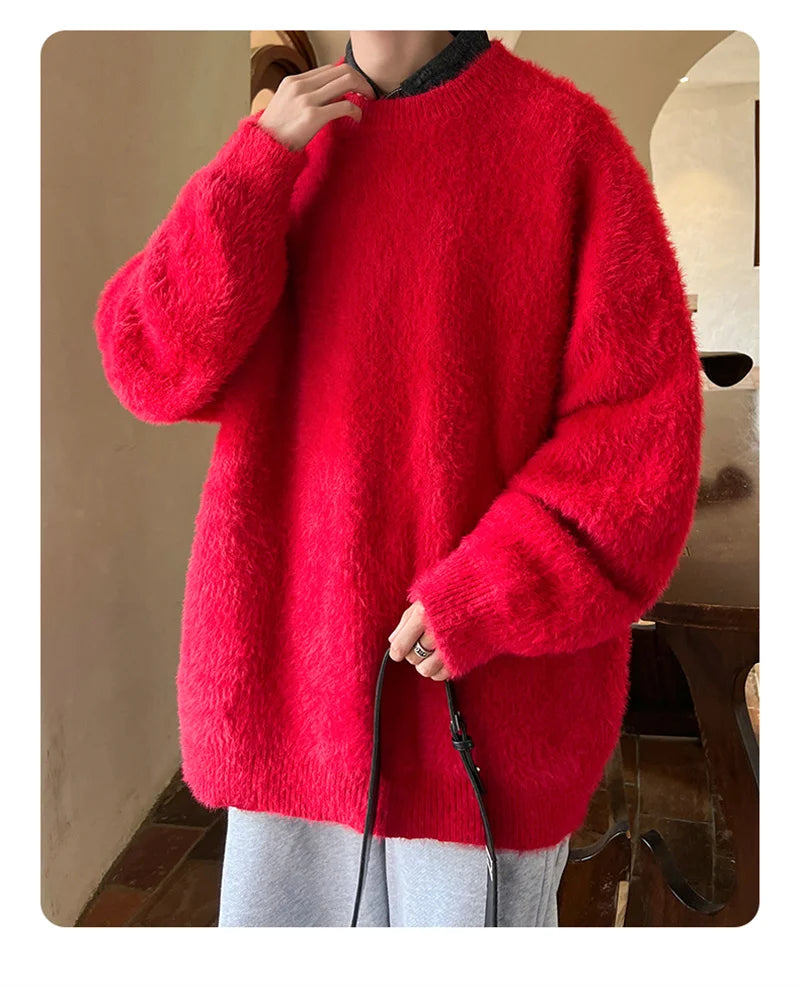 Autumn Men's Solid Fluffy Knitted Sweaters New Korean Fashion Loose Warm Pullovers Winter Couples Y2K Vintage Knitwear Jumpers - BLOOM CART