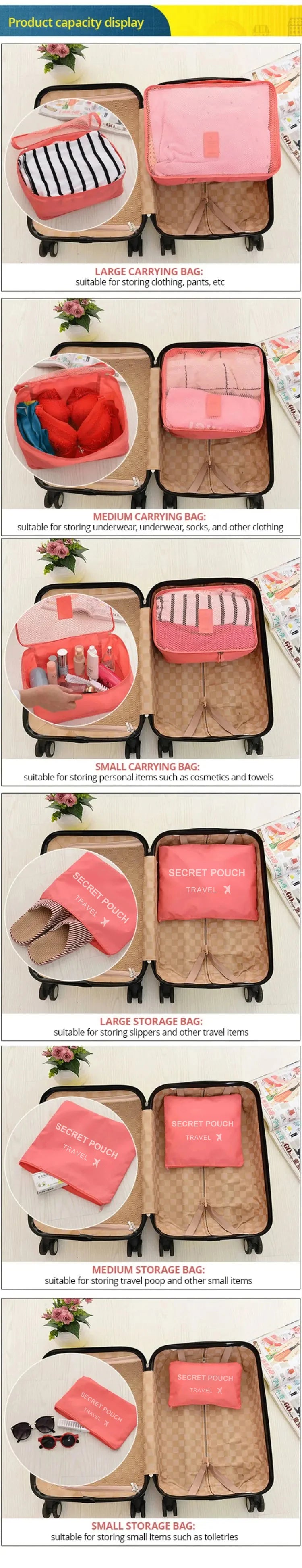6 Pcs/Set Pink/Blue/Grey Travel Storage Bag Large Capacity Waterproof Luggage Clothing Underwear Storage Bag Bag With Zipper - BLOOM CART